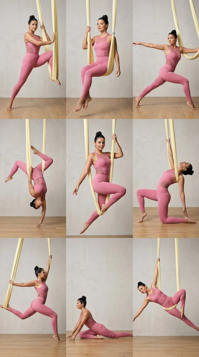 Sculpted Strength: 3x3 Grid of Elite Aerial Yoga Performance