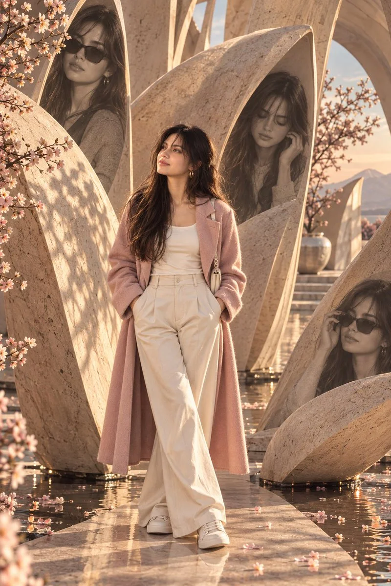 Sculptural Architectural Fashion Campaign with Blush Coat in Warm Light
