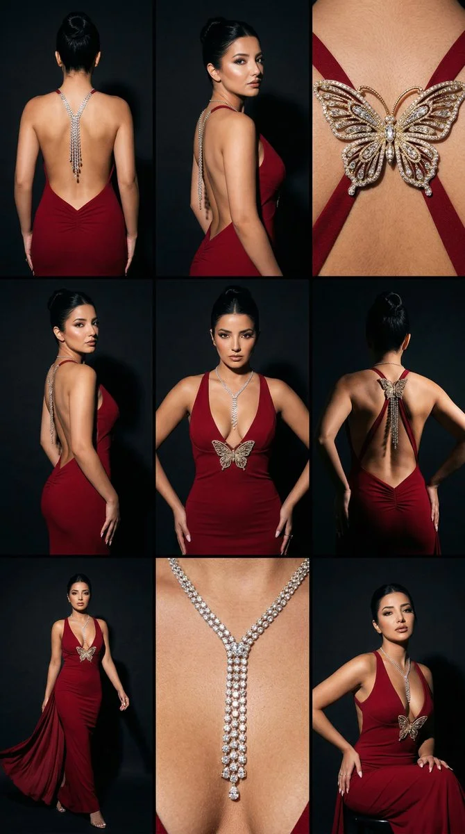 Sculptural Elegance: 9-Panel High-Fashion Backless Couture Grid