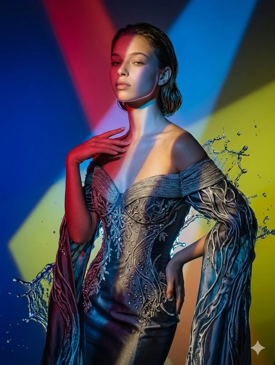 Sculptural Elegance: Evening Gown Transformed by Water Dynamics