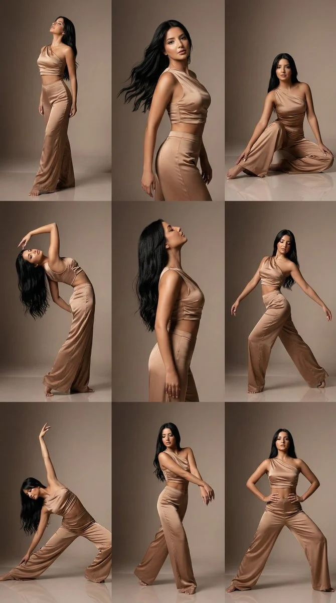 Sculptural Elegance: Nine-Panel Editorial Dance Fashion Grid