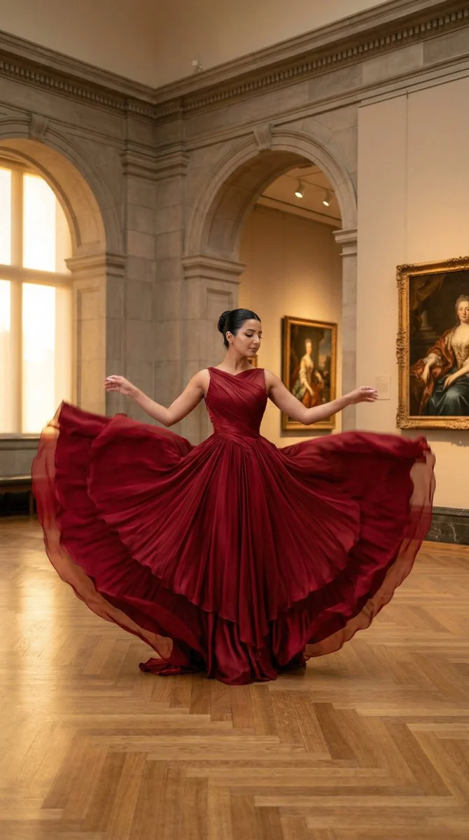 Sculptural Spin: Haute Couture Gown Blooms in Golden Museum Light