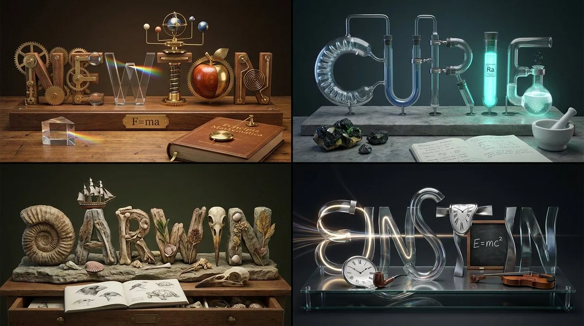 Sculptural Surnames of Four Scientists Form a Grid of Knowledge