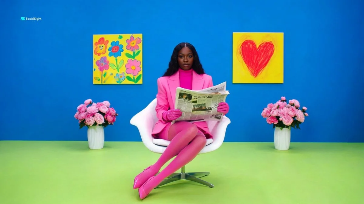 Seated cross-legged in hot pink, she studies the paper with calm seriousness.
