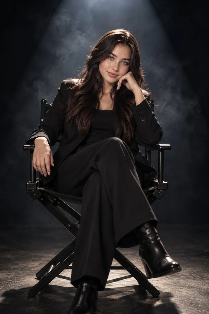 Seated in Black Director's Chair Under Overhead Spotlight and Smoke