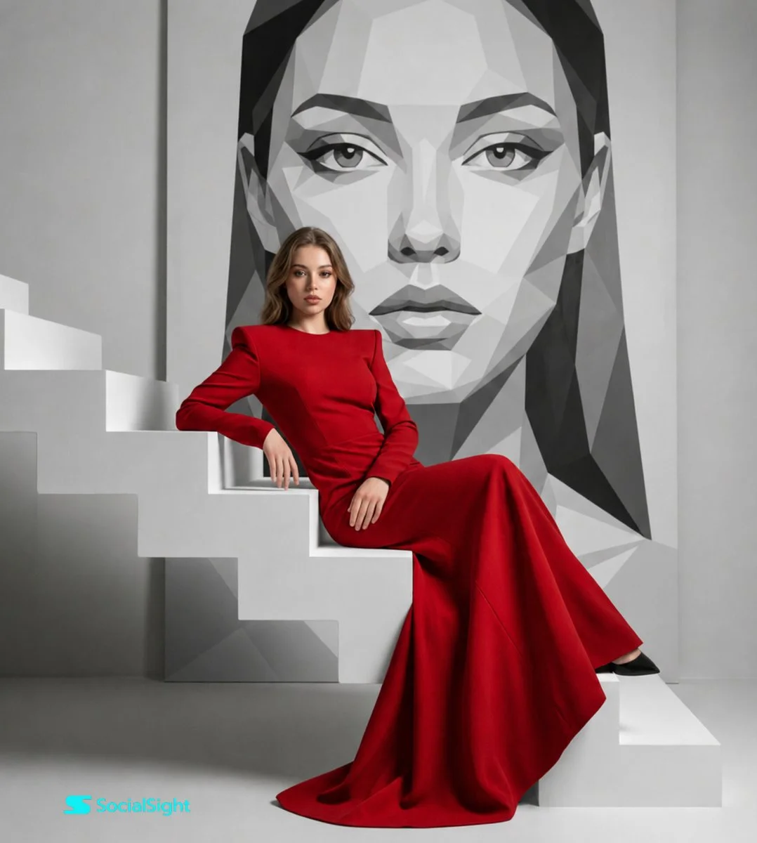 Seated model echoes her geometric portrait in a gallery