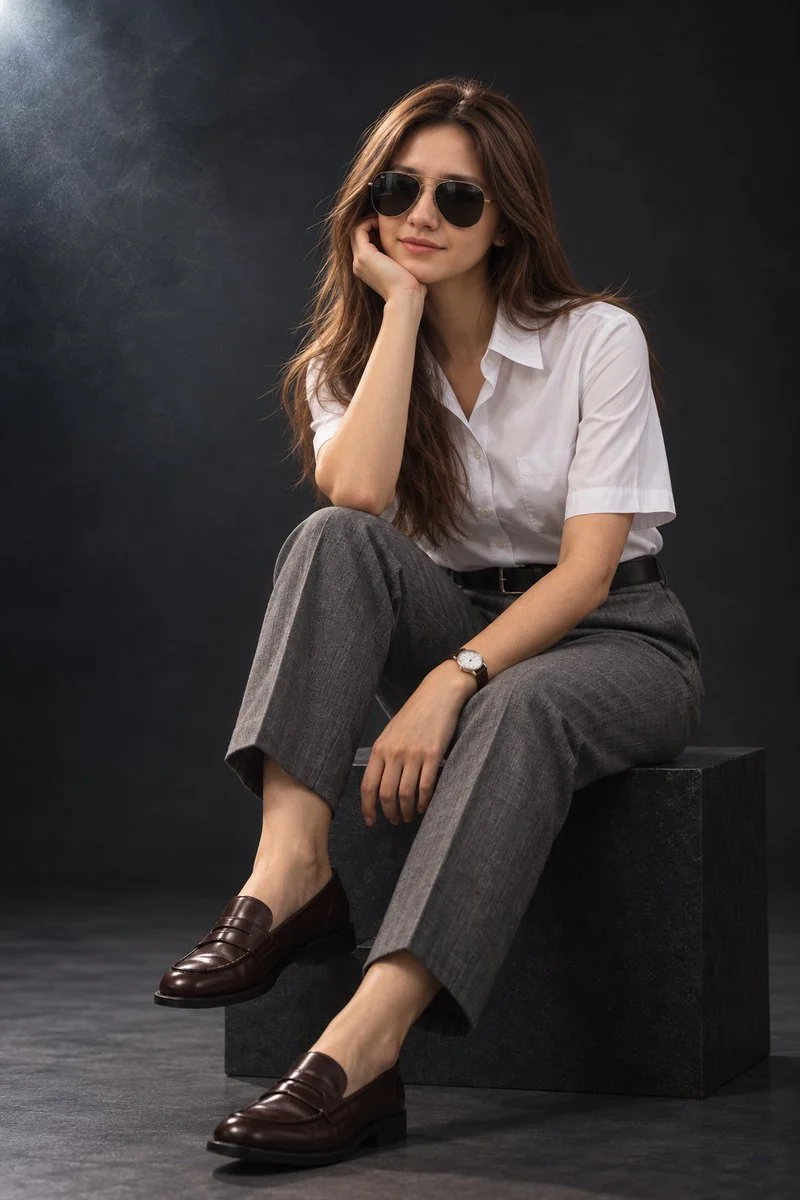 Seated Woman in White Shirt Wears Black Aviator Sunglasses