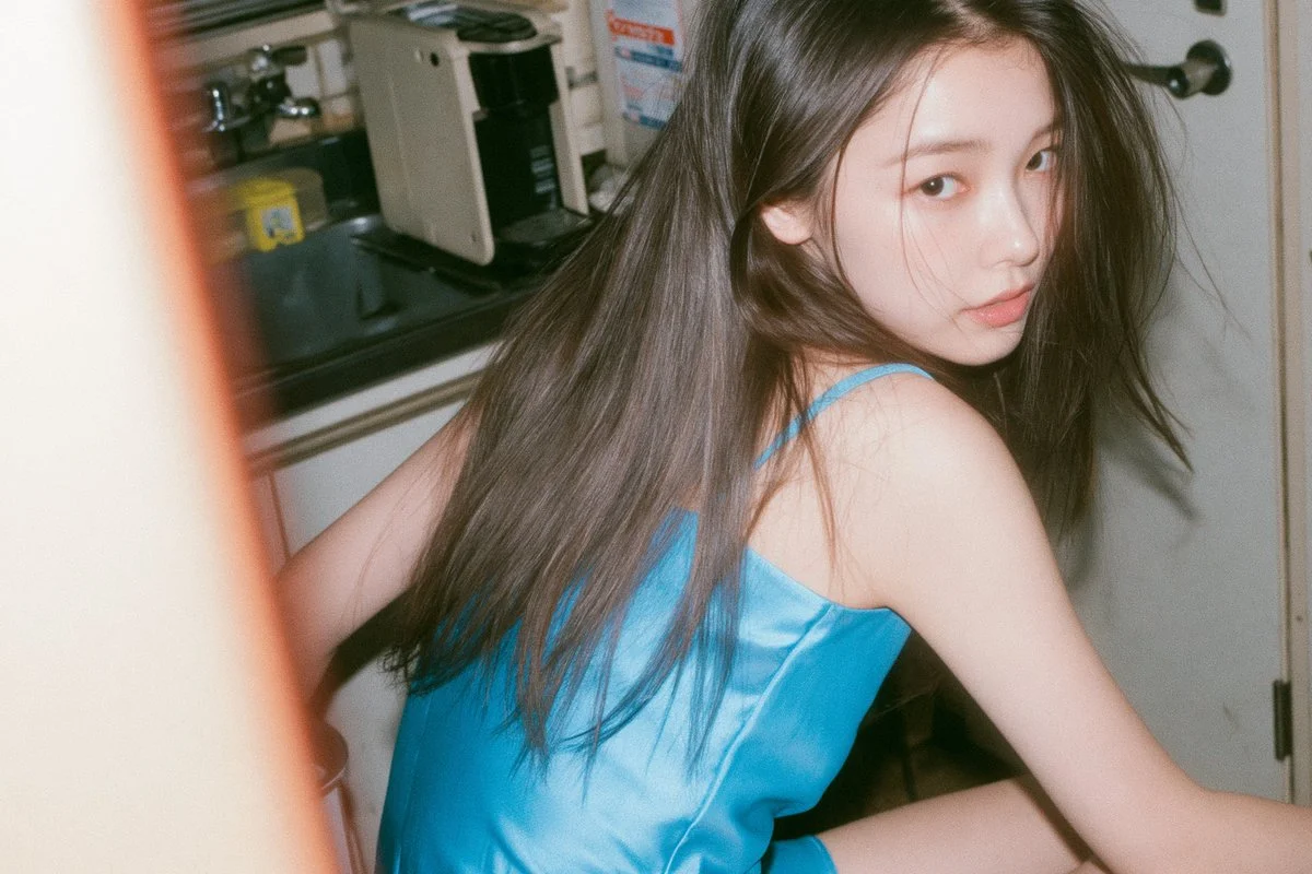 Seductive back view of a woman in a blue dress with retro haze