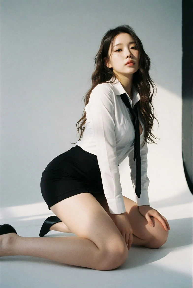 Seductive Gaze and Grace: Intimate Low-Angle Portrait in Vintage Film