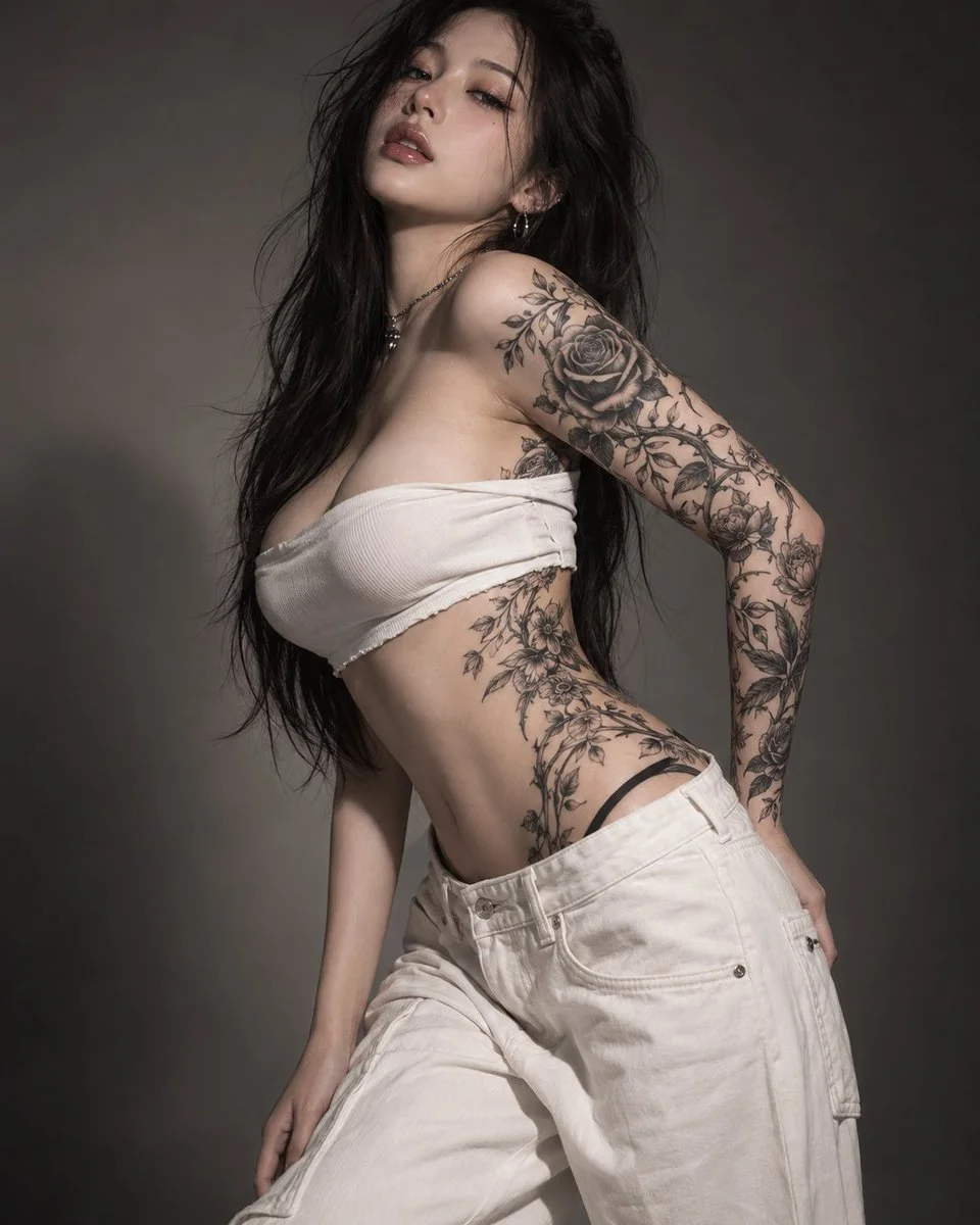 Sensual tattooed woman poses with arched back and half-closed eyes