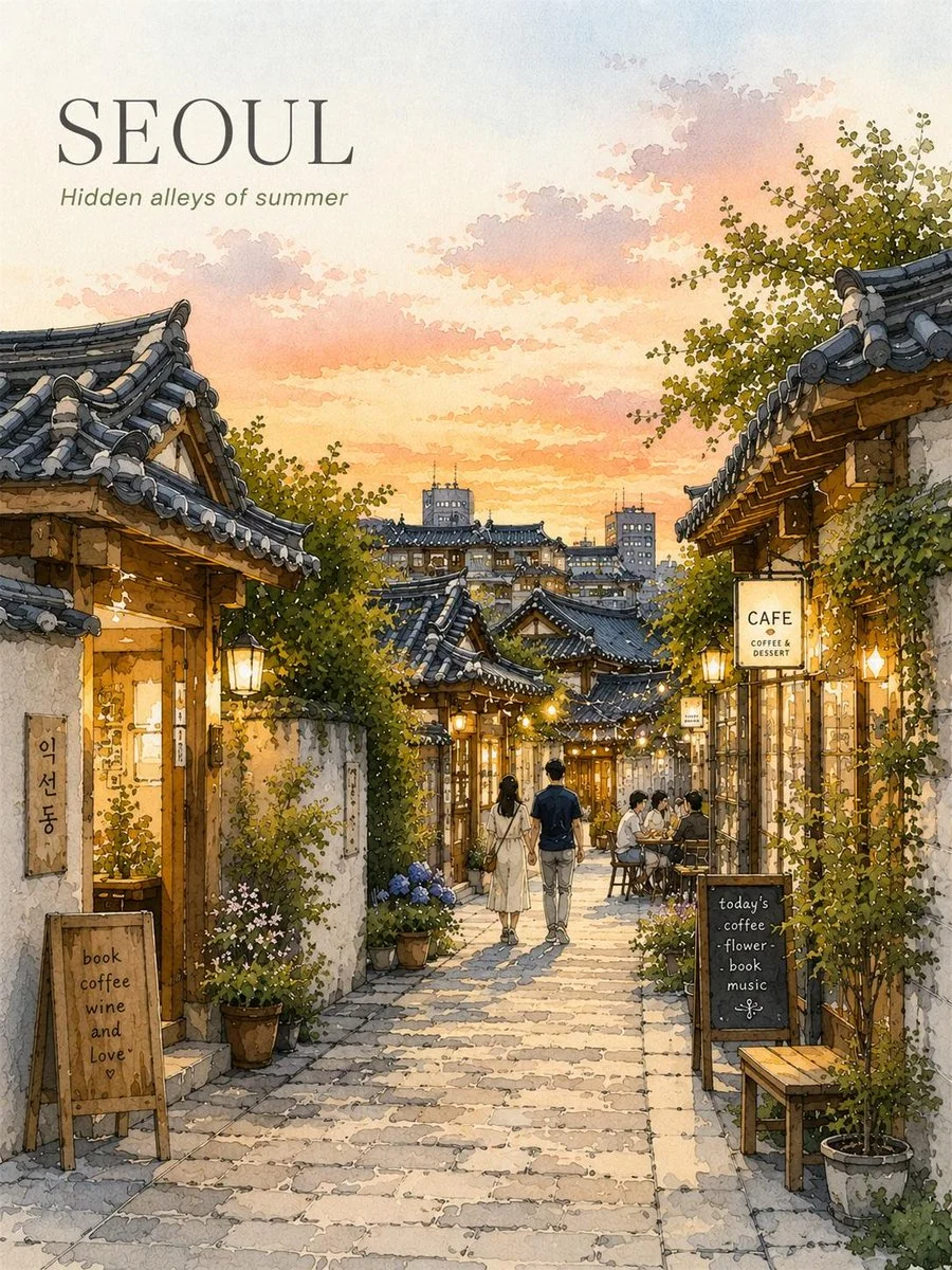 Seoul's cozy streets glow under warm golden hour light