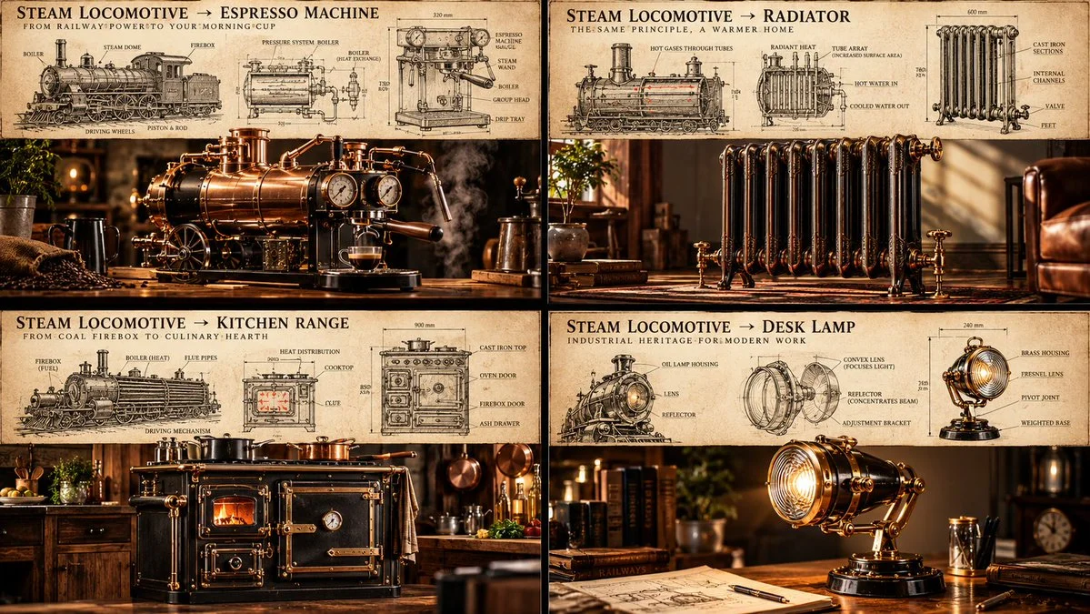 Sepia Draft and Polished Steel Locomotive Homewares in Grid