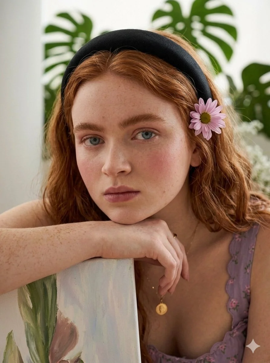 Serene Artist in Pastel Slip Dress Crafting Floral Masterpiece