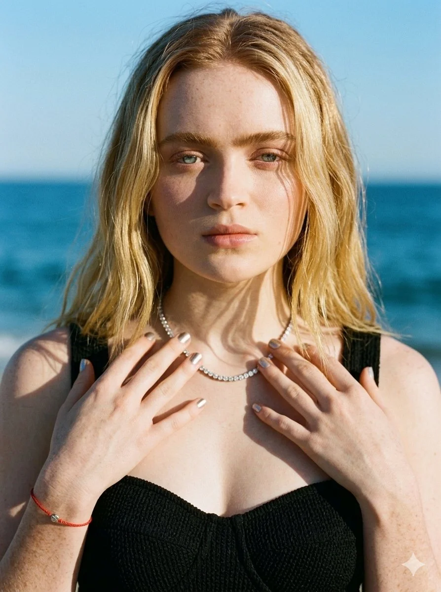 Serene Beach Moment: Blonde Woman in Black Swimsuit Gazes at Camera