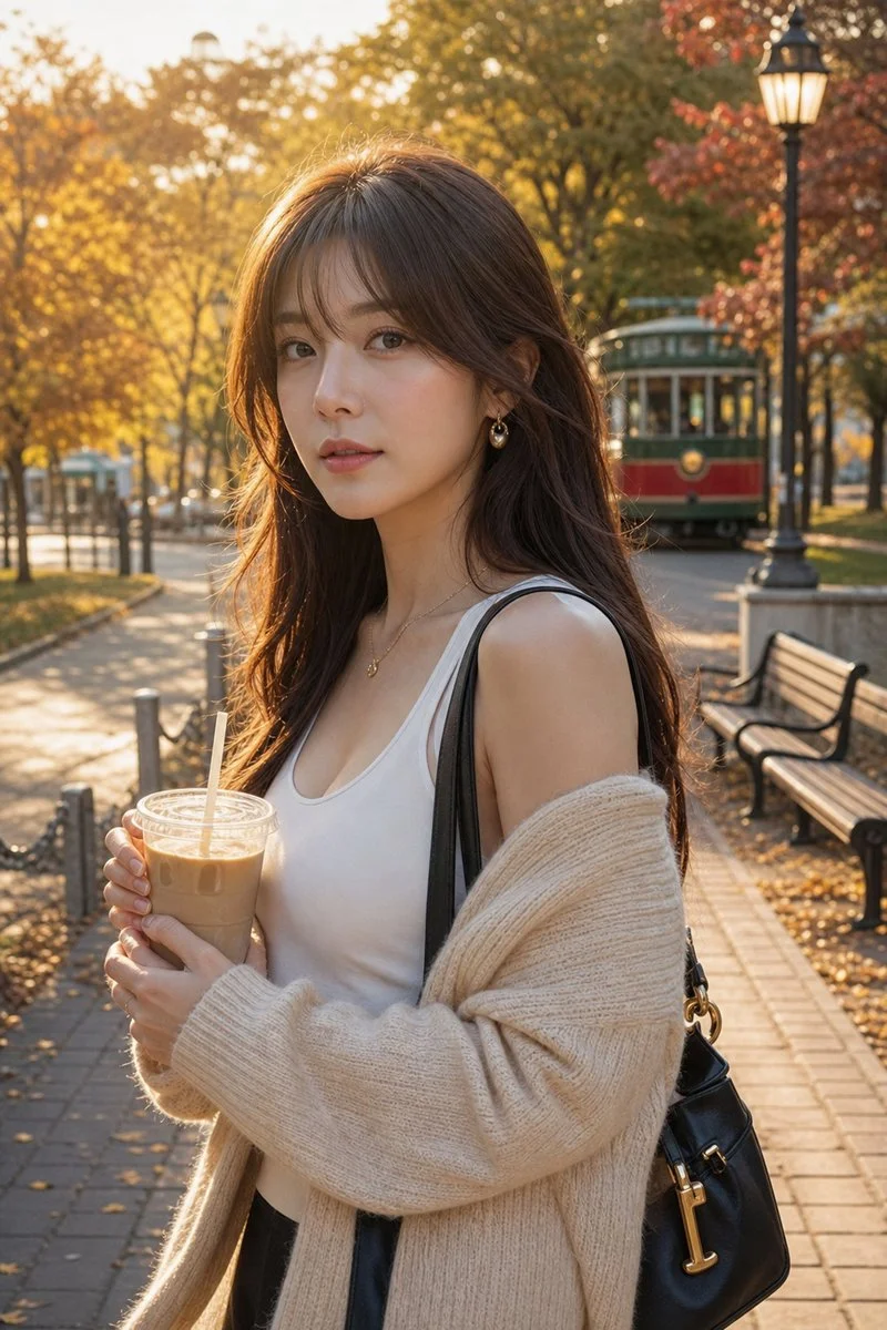 Serene beauty in beige knit sips coffee amid golden leaves