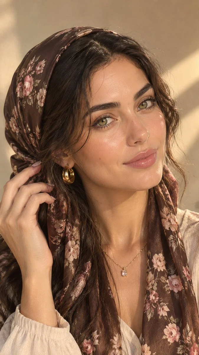 Serene Beauty in Brown Silk Scarf Basking in Warm Sunlight