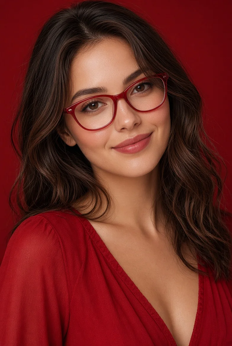 Serene Beauty in Red Frames Smiles Softly in Warm Studio Light