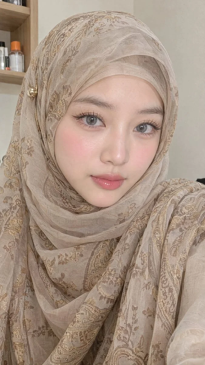 Serene Beauty in Sheer Hijab with Paisley Pattern at Home