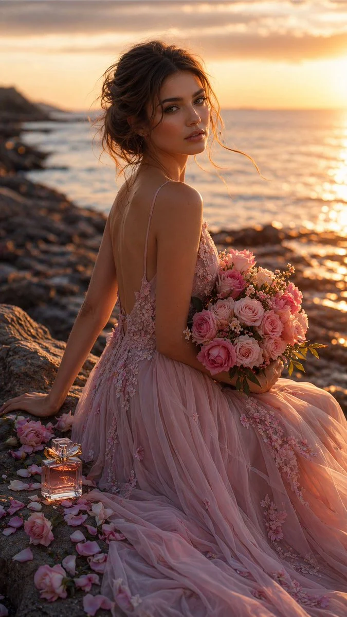 Serene Beauty Meets High-End Fragrance in Sunset Coastal Scene