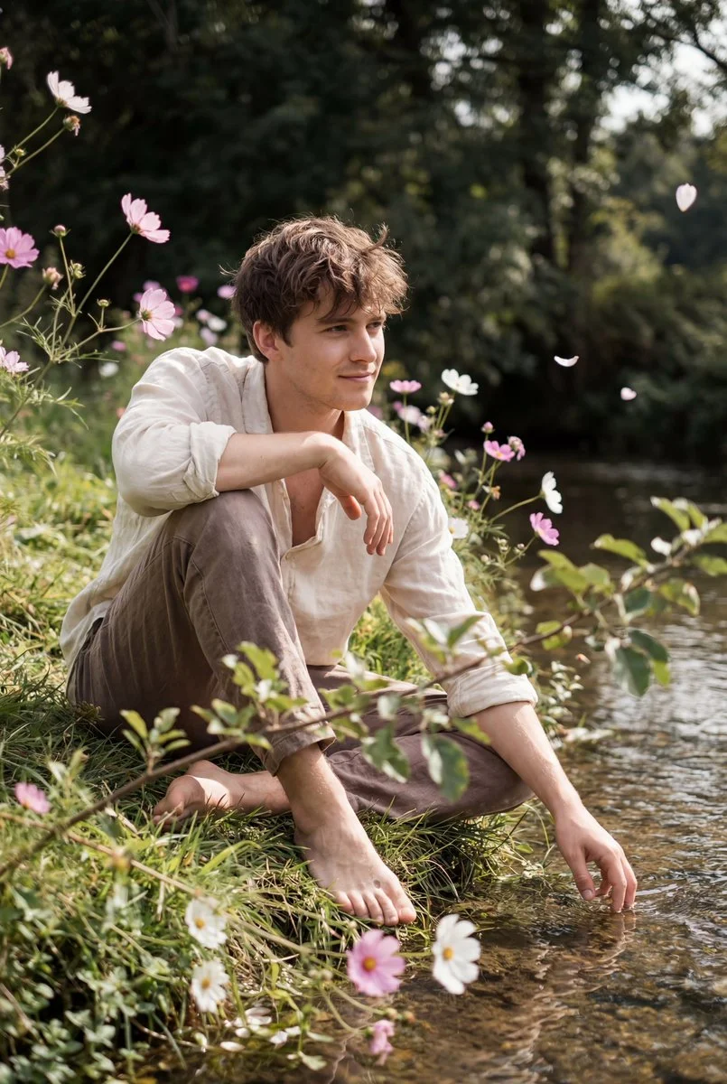 Serene Contemplation by a Gentle Stream Amidst Cosmos Flowers