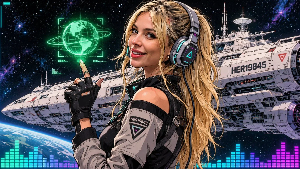 Serene cyberpunk model raises gloved finger toward glowing hologram