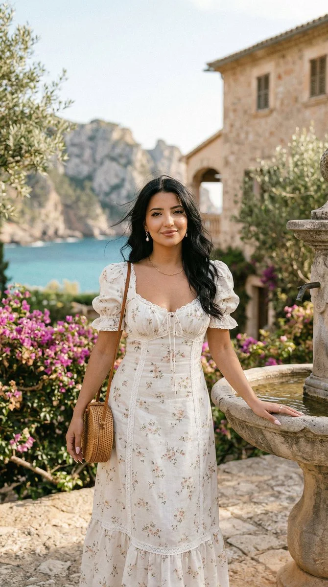 Serene Elegance by a Mallorca Coastal Garden Fountain