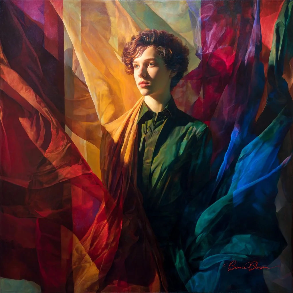 Serene Figure Amid Flowing Drapery