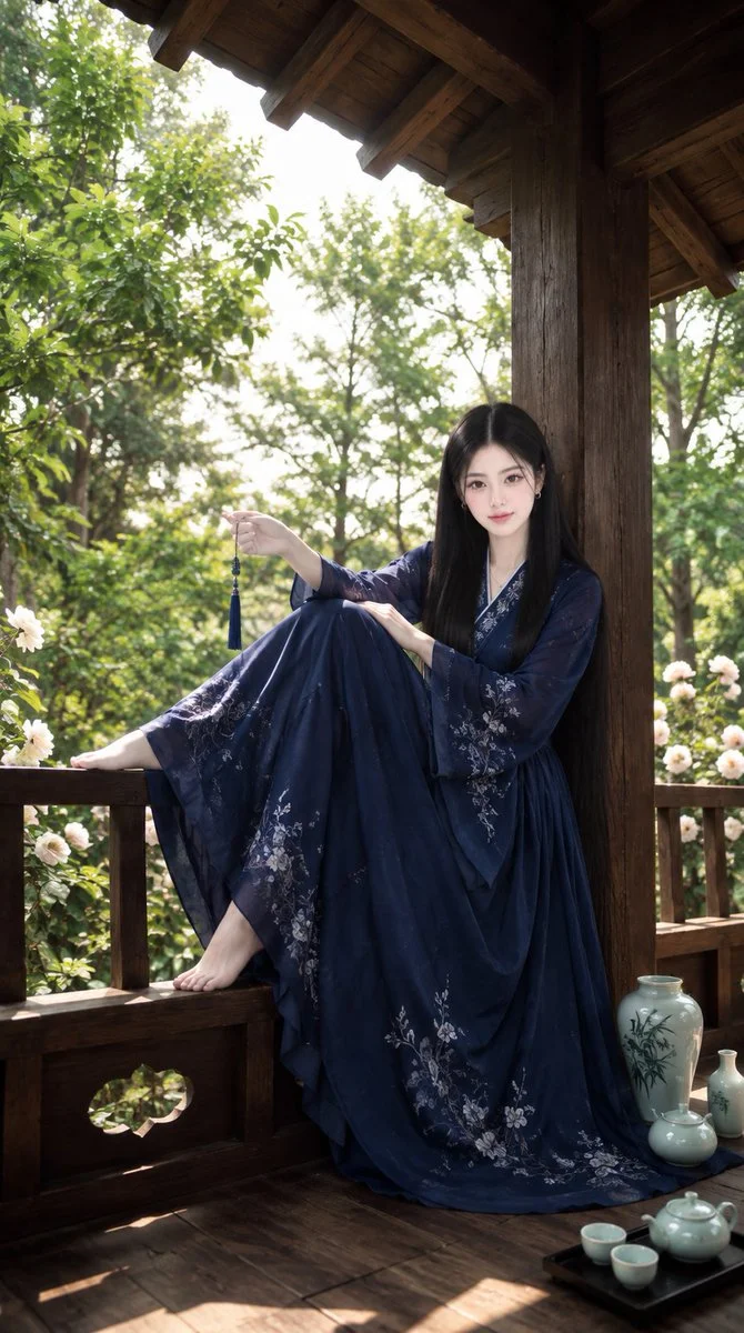 Serene girl in navy outfit sits on wooden pavilion railing