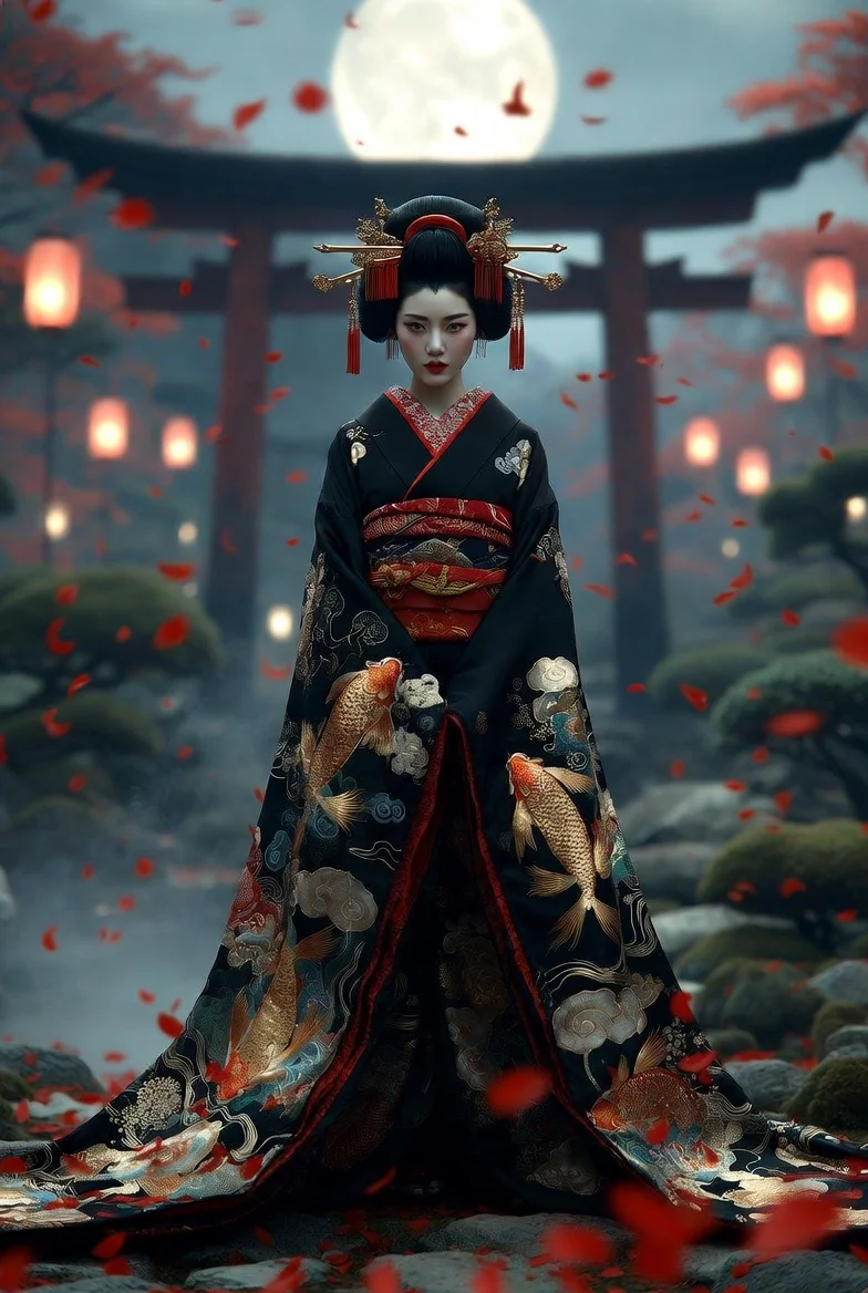 Serene Lantern Eyes: The Tranquil Presence of a Geisha at Dusk