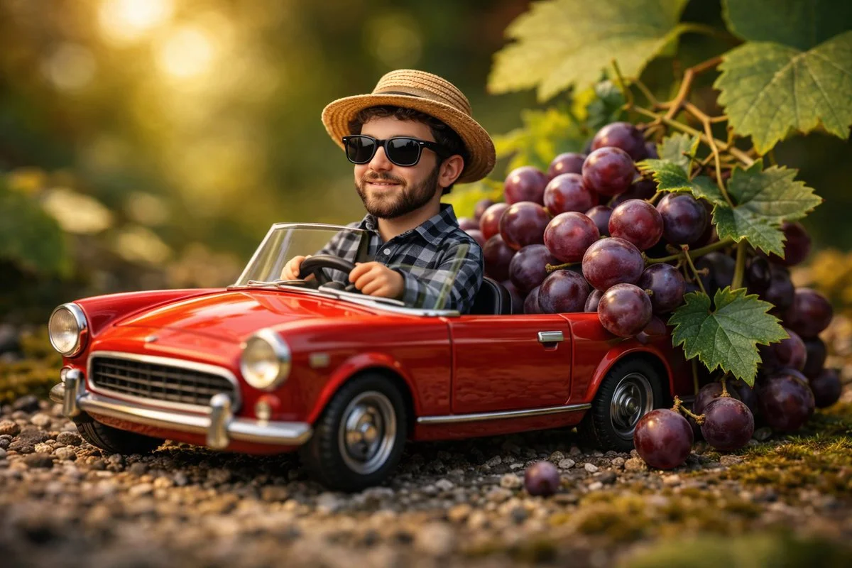 Serene Microcosm: Small Man's Quiet Journey Through Grapevines