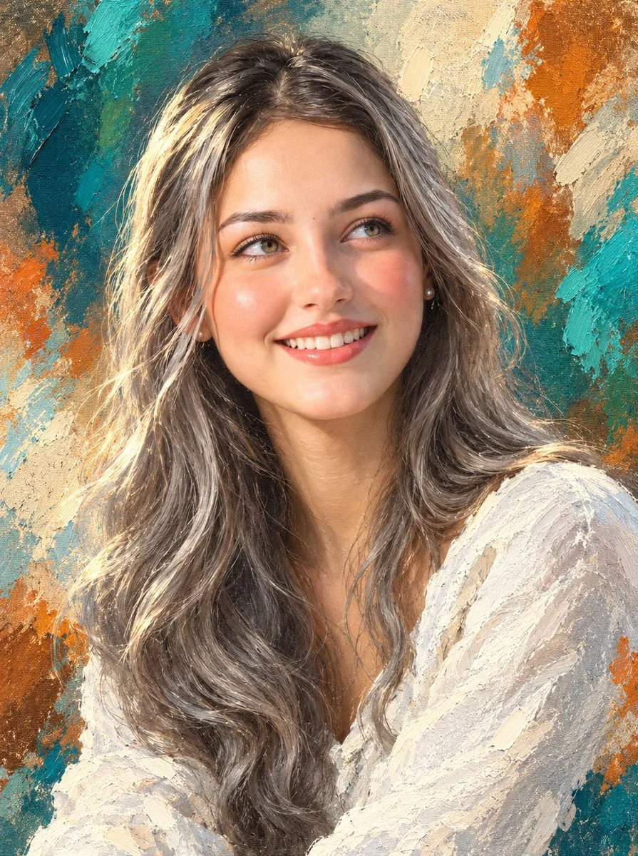 Serene mixed-Asian woman with silver hair in painterly light