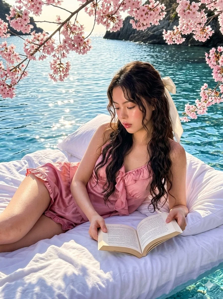Serene Moment: Reading Amid Cherry Blossoms on Reflective Waters