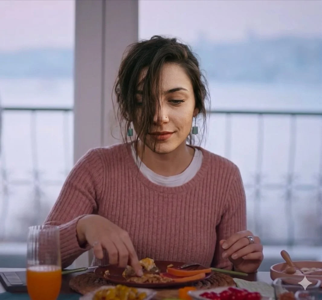 Serene Morning: Close-Up of Woman Breakfasting by Misty Coastline