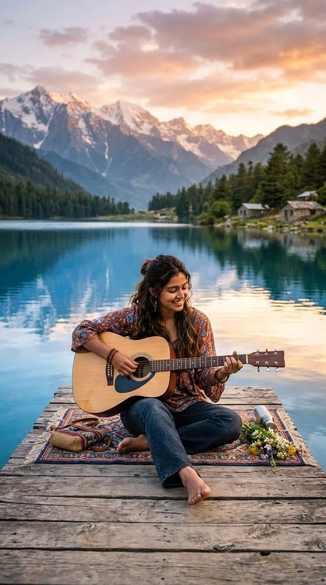 Serene mountain lake scene with a woman playing guitar peacefully