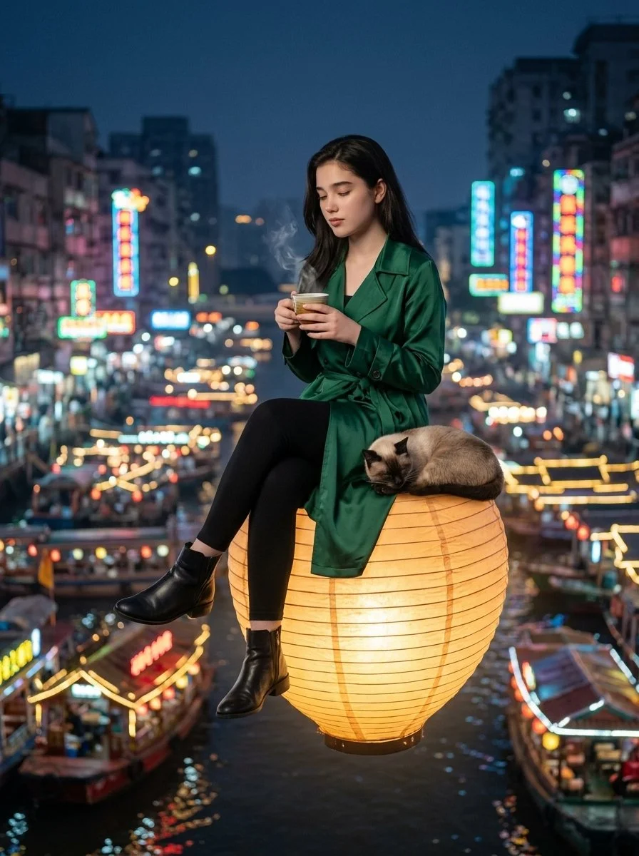 Serene Night Market Voyage on a Glowing Lantern