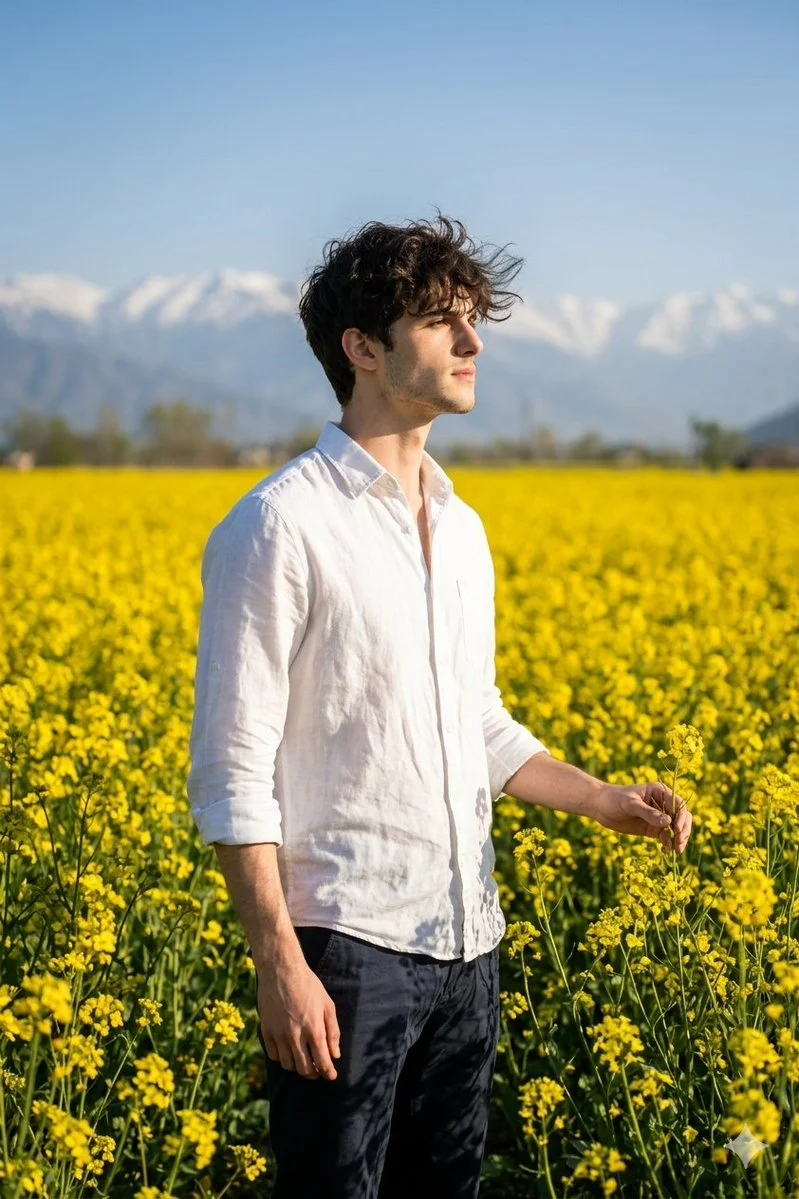Serene Portrait in Kashmir's Golden Mustard Fields