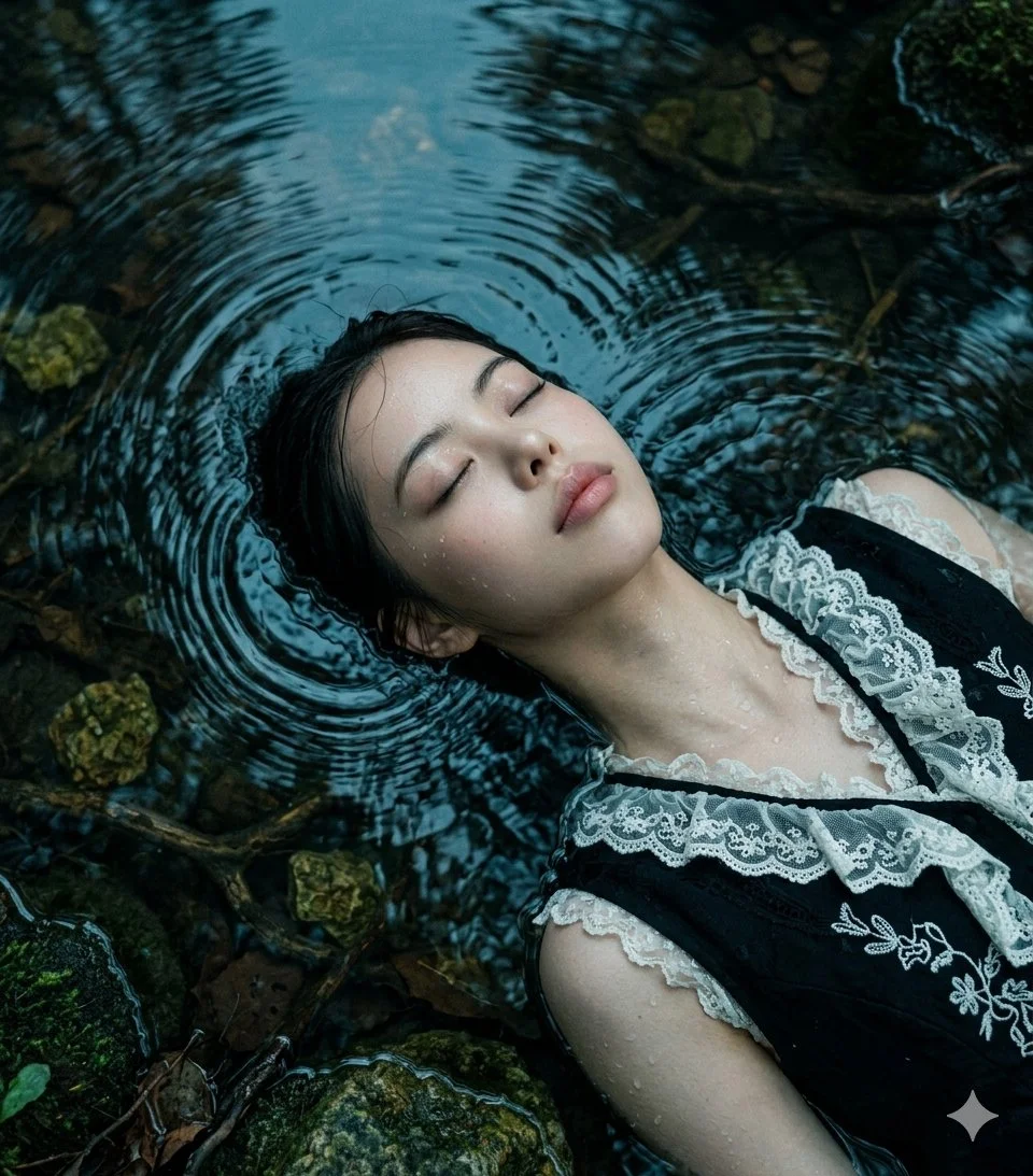 Serene Portrait: Korean Glass Skin in Twilight Woodland Pond