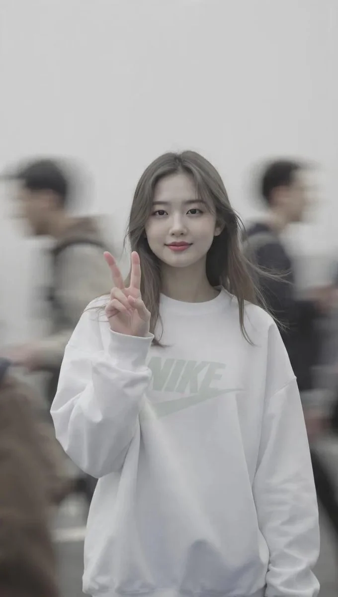 Serene Portrait of a Woman in White Sweatshirt with Peace Gesture