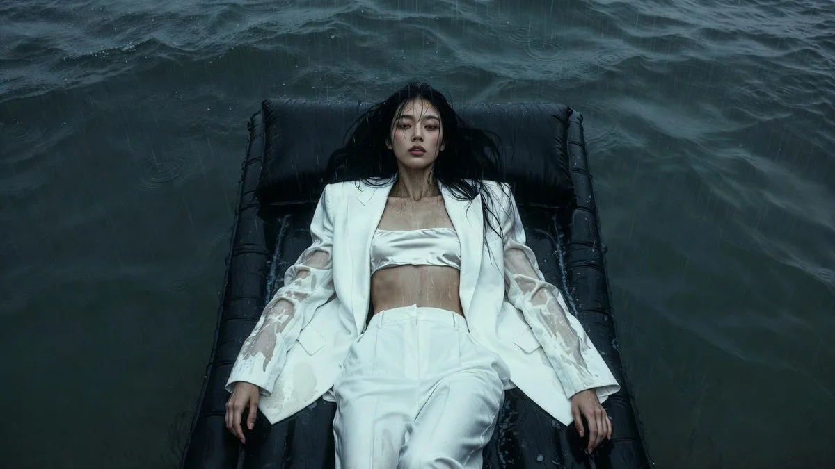 Serene Rainfall: A Korean Woman in High Fashion on the Ocean
