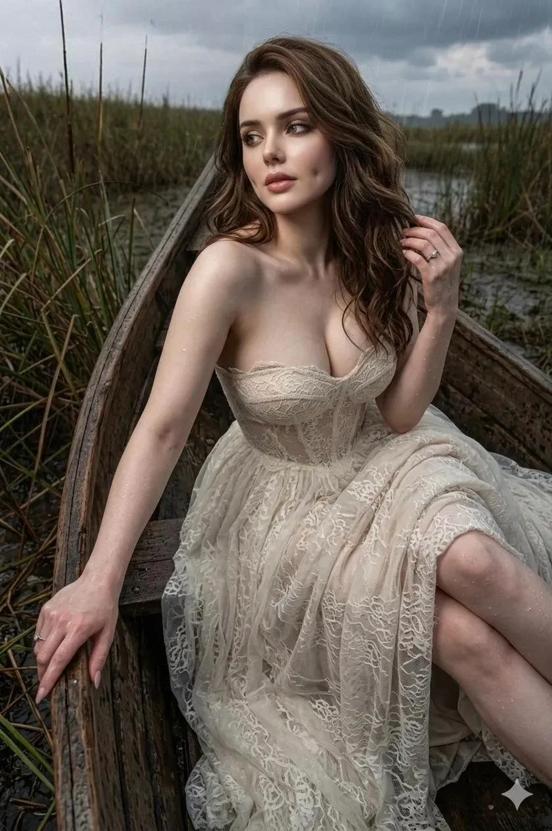 Serene Reflection: Woman in Lace Boat Amidst Misty Marshland