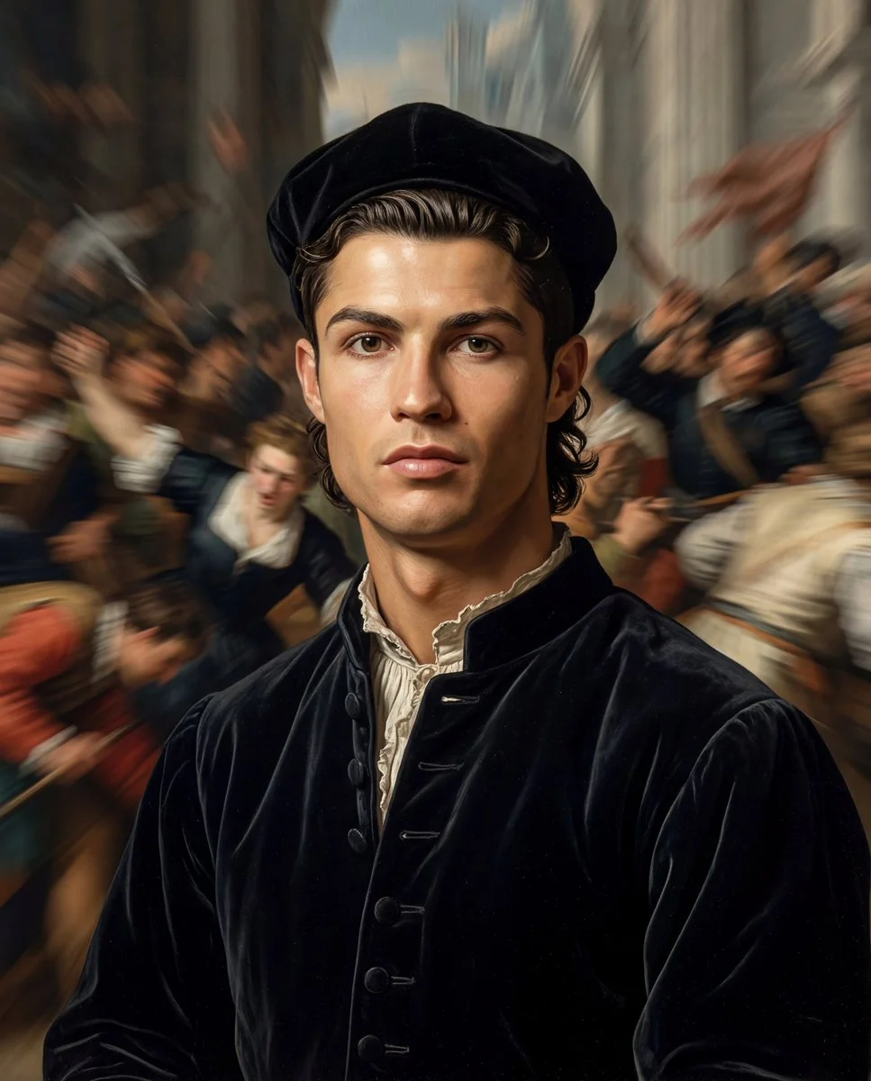 Serene Scholar Amidst Chaotic Renaissance Crowd