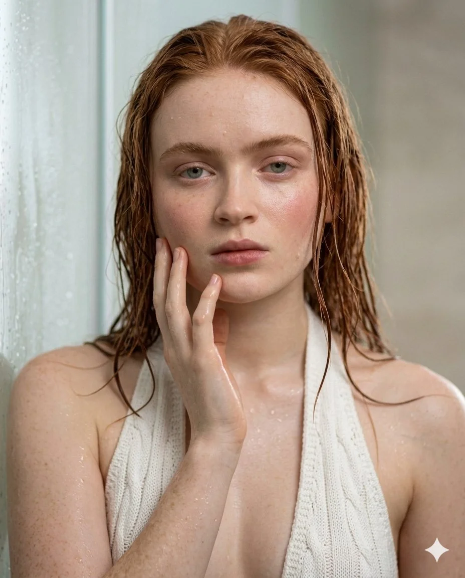 Serene Shower Portrait: Wet Hair and Knit Dress in Soft Light
