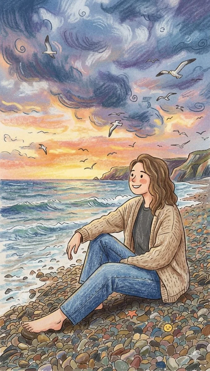 Serene Sunset Reflection on a Pebble Beach