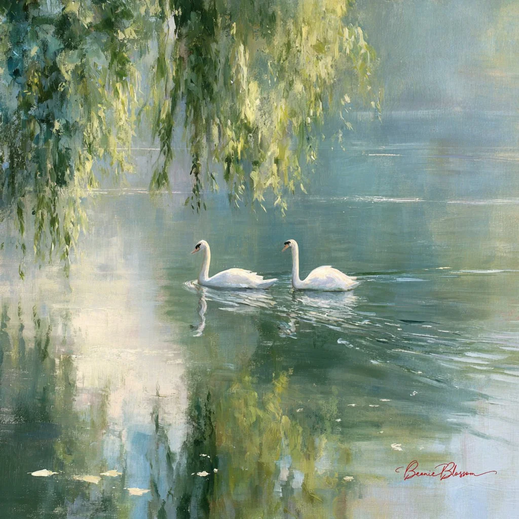 Serene Swans on a Sunlit Spring Lake