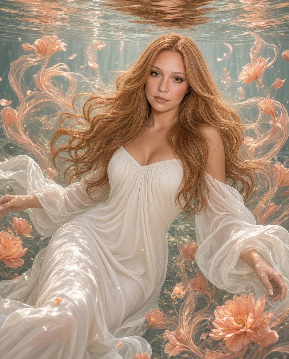 Serene underwater portrait captures floating flowers and flowing fabric