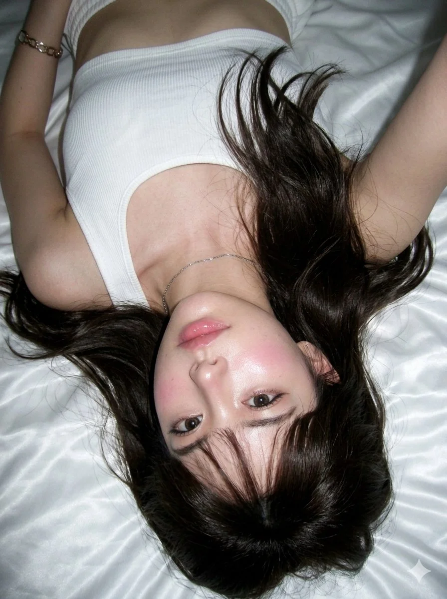 Serene Upside-Down Portrait in Soft Bedroom Light