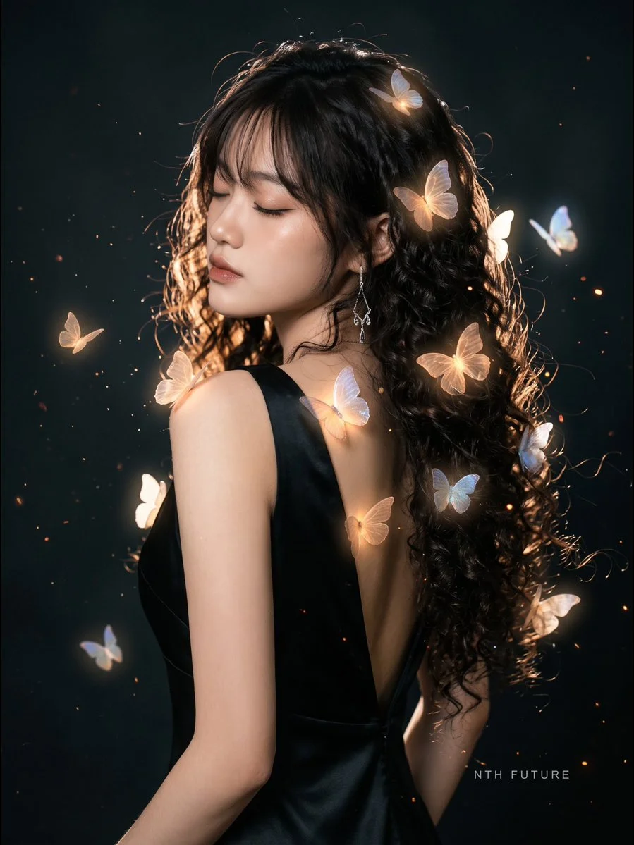 Serene Vietnamese Woman Surrounded by Ethereal Butterflies in Cinematic Light