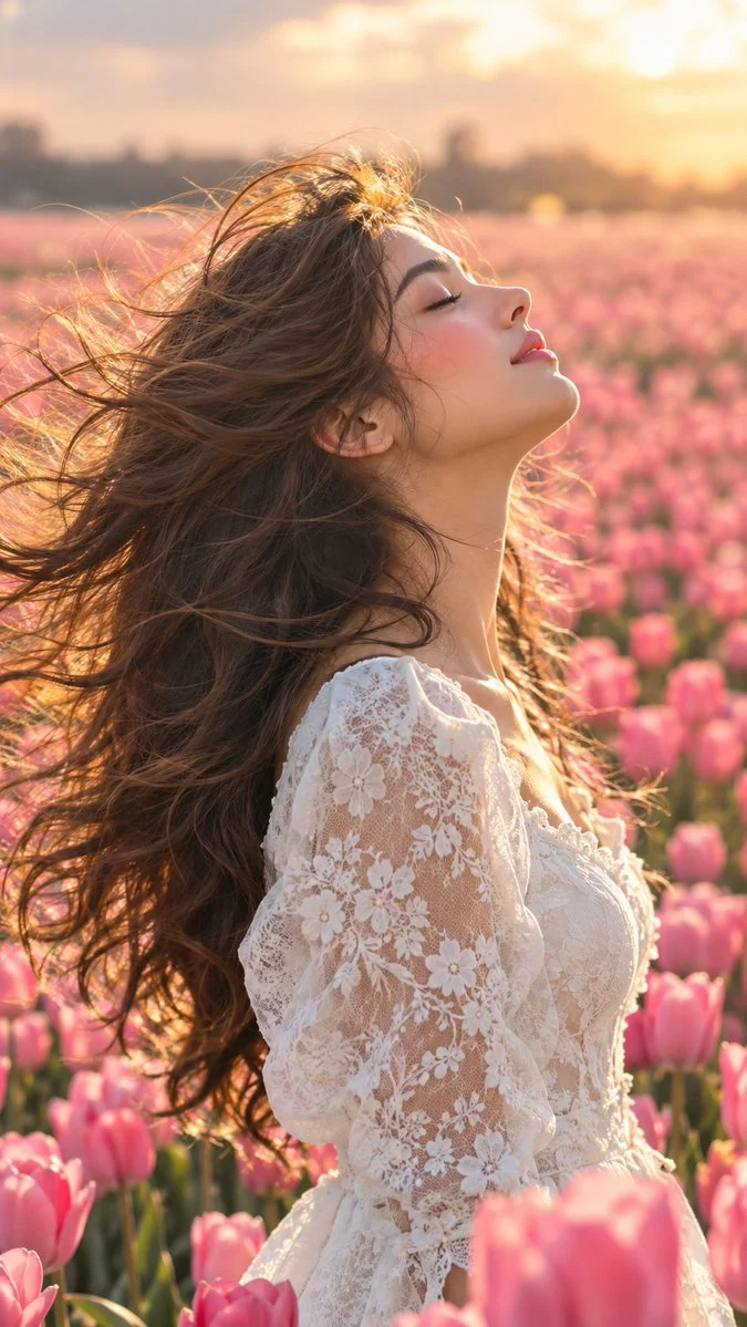 Serene Woman Basking in Golden Light Amid Pink Tulips