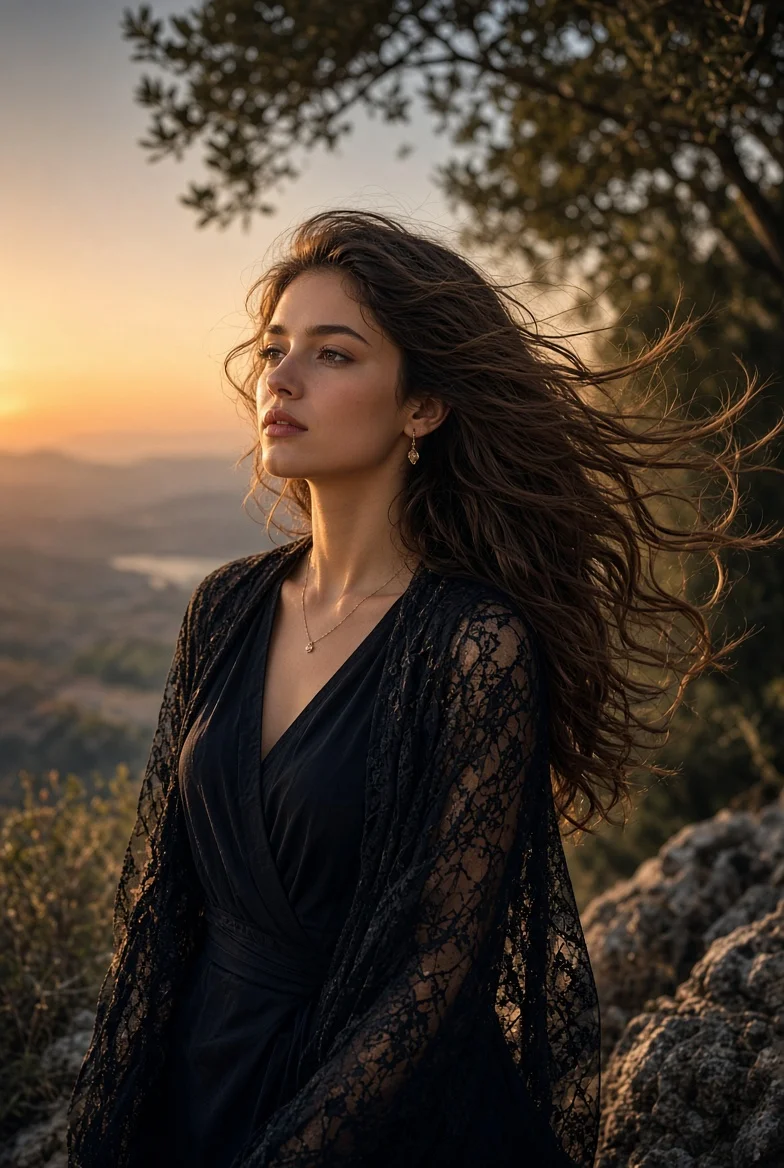 Serene Woman Gazes at Golden Sunset on Rocky Hilltop