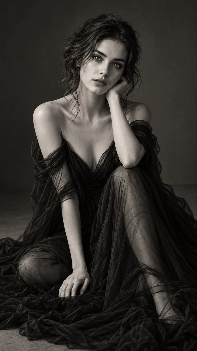 Serene woman in black chiffon gown sits in dramatic studio light
